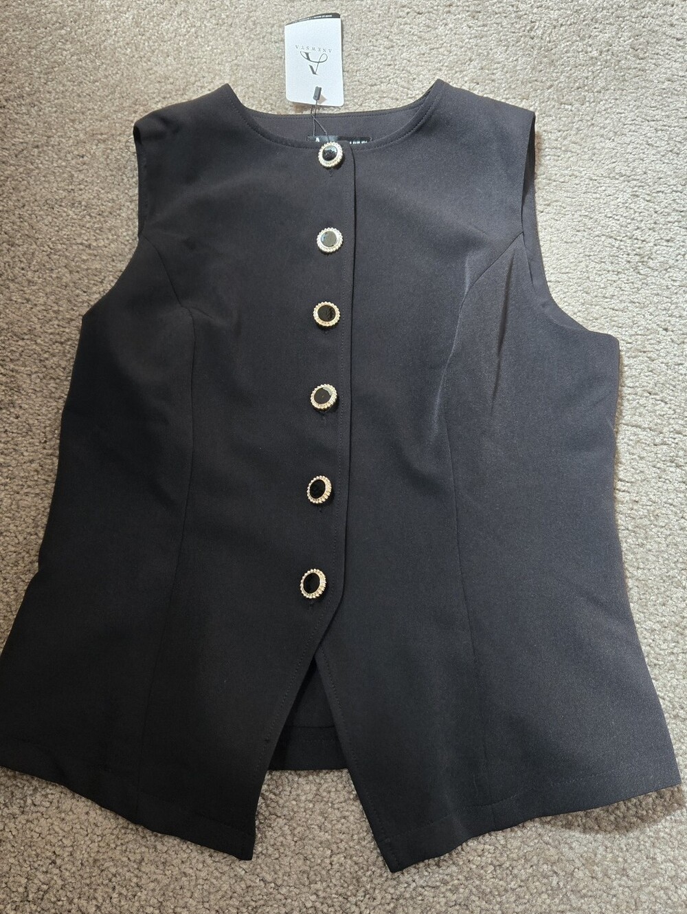Black Sleeveless Button Front Vest with Gold Trim Buttons